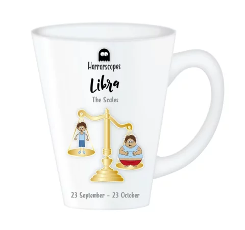 Horrorscopes Libra Mug front, an alternative horoscope zodiac mug with a chubby boy and a thin boy on some scales