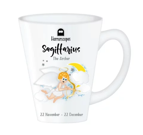 Horrorscopes Sagittarius Mug featuring a cherub in clouds with a bow and arrow, unique Zodiac gifts for Sagittarius