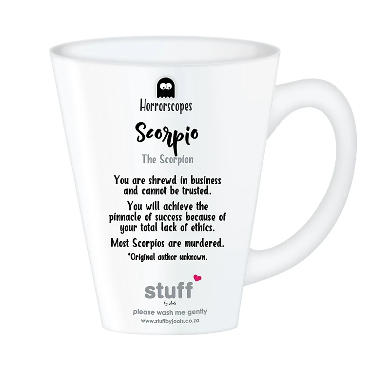 Horrorscopes Scorpio Mug back, an alternative horoscope zodiac mug with alternative horoscope and star sign