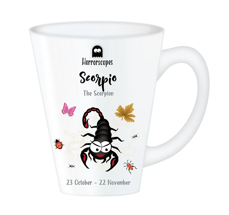 Horrorscopes Scorpio Mug front, an alternative horoscope zodiac mug with a scorpion with googly eyes and some leaves and bugs