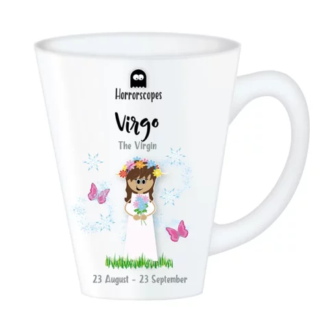 Horrorscopes Virgo Mug front, an alternative horoscope zodiac mug with aa sweet girl with a posy of flowers and a garland in her hair