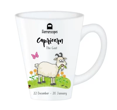 Horrorscopes Capricorn Mug front, an alternative horoscope zodiac mug with a goat chewing on grass