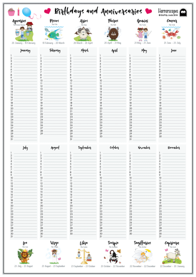 horrorscopes A3 birthday calendar